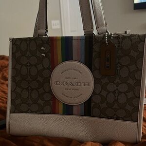 Coach Brown and White Tote Bag with Rainbow Stripe